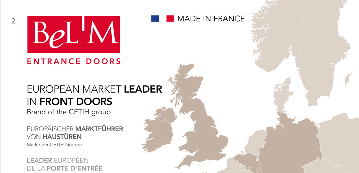 Page d'ouverture du catalogue Bel'M : leader européen de la porte d'entrée, avec une carte de l'Europe