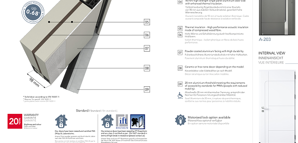 Fiche technique Bel'M : coupe d'un profilé de porte et pictogrammes de certification