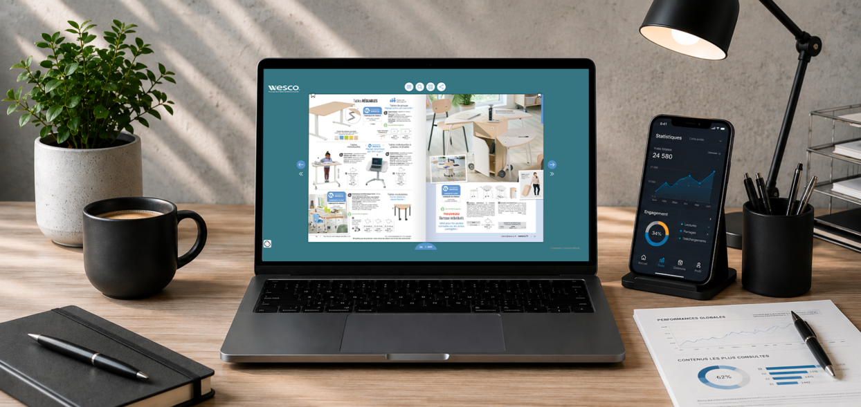 Catalogue dynamique sur ordinateur portable, avec un tableau de bord de statistiques sur smartphone