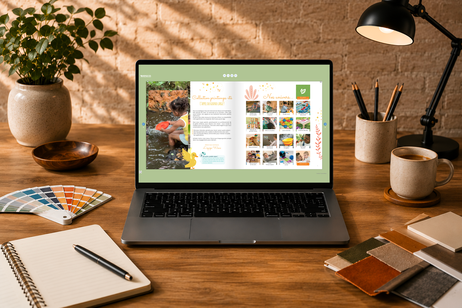 Catalogue interactif ouvert en double page sur un ordinateur portable